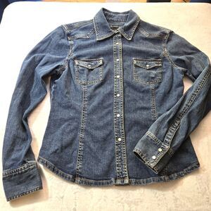 Inc Womens Denim Shacket Size 10 Pearl Snap Shacket  Med Wash